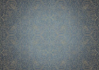 Hand-drawn unique abstract gold ornament on a light blue background, with vignette of darker background color and golden glittery sparks. Paper texture. Digital artwork, A4. (pattern: p07-1b)