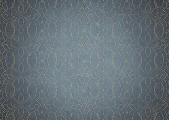 Hand-drawn unique abstract gold ornament on a light blue background, with vignette of darker background color and golden glittery sparks. Paper texture. Digital artwork, A4. (pattern: p08-1c)