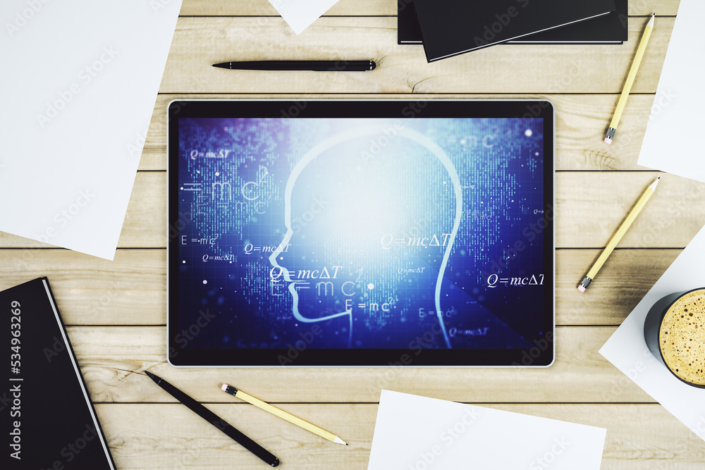 Poster creative artificial intelligence concept with human head hologram on modern digital tablet screen. t