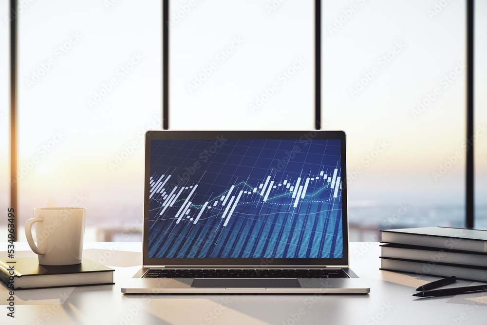 Poster computer monitor with abstract financial graph, finance and trading concept. 3d rendering