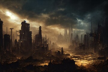 destroyed city with a beautiful sunset, future, dark, illustration made with generative ai - obrazy, fototapety, plakaty