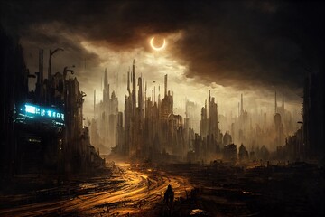 destroyed city with a beautiful sunset, future, dark, generative ai - obrazy, fototapety, plakaty