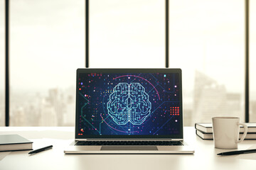 Creative artificial Intelligence concept with human brain sketch on modern laptop monitor. 3D Rendering