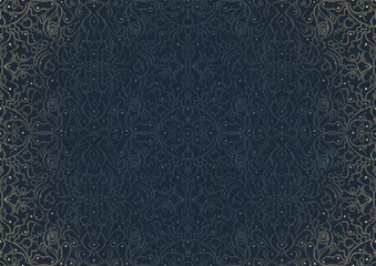 Hand-drawn unique abstract ornament. Light blue on a deep blue background, with vignette of same pattern in golden glitter. Paper texture. Digital artwork, A4. (pattern: p07-2b)