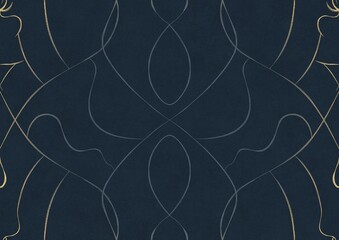 Hand-drawn unique abstract ornament. Light blue on a deep blue background, with vignette of same pattern in golden glitter. Paper texture. Digital artwork, A4. (pattern: p08-1a)