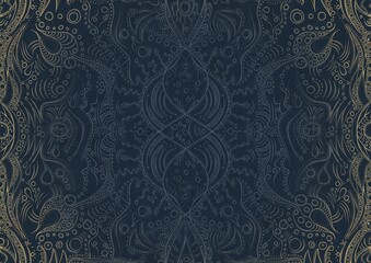 Hand-drawn unique abstract ornament. Light blue on a deep blue background, with vignette of same pattern in golden glitter. Paper texture. Digital artwork, A4. (pattern: p09a)