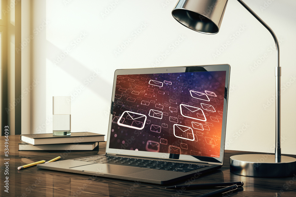 Poster modern computer monitor with postal envelopes hologram. electronic mail and spam concept. 3d renderi