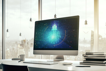 Creative light bulb with chip hologram on modern laptop monitor, artificial Intelligence and neural networks concept. 3D Rendering