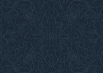 Hand-drawn unique abstract symmetrical seamless ornament. Light blue on a deep blue background. Paper texture. Digital artwork, A4. (pattern: p07-1a)