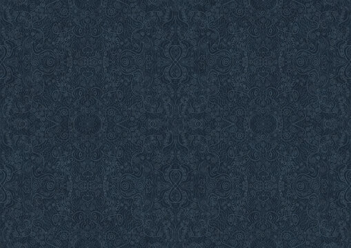 Hand-drawn unique abstract symmetrical seamless ornament. Light blue on a deep blue background. Paper texture. Digital artwork, A4. (pattern: p06b)