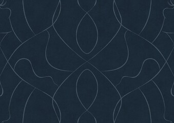 Hand-drawn unique abstract symmetrical seamless ornament. Light blue on a deep blue background. Paper texture. Digital artwork, A4. (pattern: p08-1a)