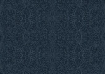 Hand-drawn unique abstract symmetrical seamless ornament. Light blue on a deep blue background. Paper texture. Digital artwork, A4. (pattern: p09b)