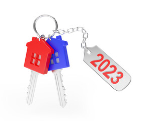 Red and blue house keys with the number 2023 on the keychain. 3D illustration