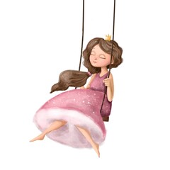 cute princess on swing, watercolor illustration with cartoon character