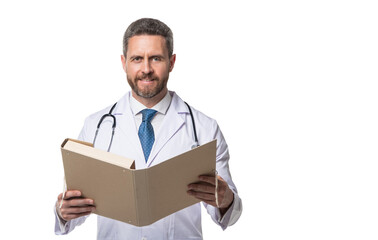 happy doctor with folder. doctor isolated on white. doctor read medical record. copy space