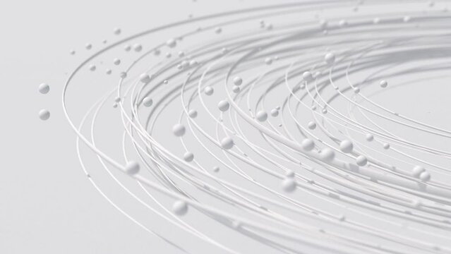 White particles and circles. Abstract monochrome animation, 3d render, close-up.