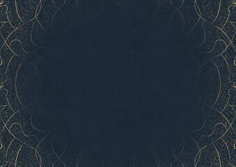 Deep blue textured paper with vignette of golden hand-drawn pattern with golden glittery splatter. Copy space. Digital artwork, A4. (pattern: p08-1b)