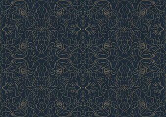 Hand-drawn unique abstract symmetrical seamless gold ornament on a deep blue background. Paper texture. Digital artwork, A4. (pattern: p07-1b)