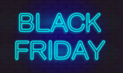 Neon trendy geometric black friday sign. blue glowing memphis black with handwritten friday words. Square line art 1980s style neon illustration on brick wall background