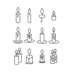  set of candles icons. Black linear symbols on a white background.