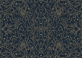 Hand-drawn unique abstract symmetrical seamless gold ornament on a deep blue background. Paper texture. Digital artwork, A4. (pattern: p07-2a)