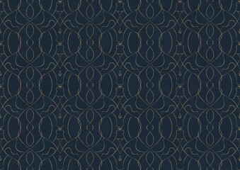 Hand-drawn unique abstract symmetrical seamless gold ornament on a deep blue background. Paper texture. Digital artwork, A4. (pattern: p08-1c)