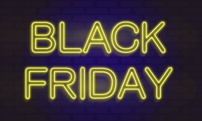 Neon trendy geometric black friday sign. Yellow glowing memphis black with handwritten friday words. Square line art 1980s style neon illustration on brick wall background