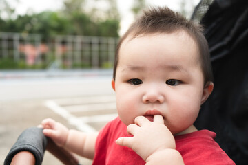 Portrait baby in stroller on a walk in summer park.
