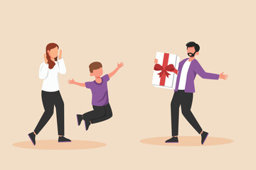 Father make surprise to his family with bring gifts. Giving season go concept. Colored flat vector illustration.