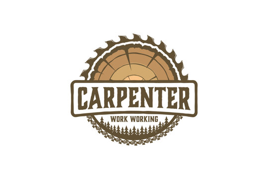 Capenter wood work logo design wood plane circular saw vintage timber lumberjack workshop wood log element