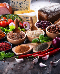 Composition with assorted organic food products on the table