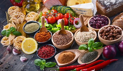 Composition with assorted organic food products on the table