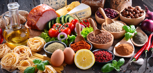 Composition with assorted organic food products on the table