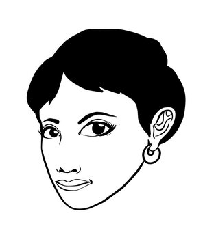 Woman face with short hair ink drawing . Vector illustration