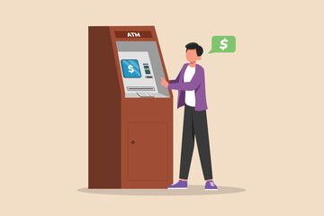 Businessman doing transactions at the ATM machine. ATM concept. Colored flat vector illustration. 