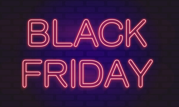 Neon trendy geometric black friday sign. Pink glowing memphis black with handwritten friday words. Square line art 1980s style neon illustration on brick wall background