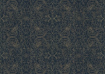 Hand-drawn unique abstract symmetrical seamless gold ornament with golden glittery splatter on a deep blue background. Paper texture. Digital artwork, A4. (pattern: p07-1b)