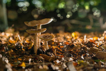 Brown fly agaric growing in a forest among fallen leaves of trees in the Sunlight