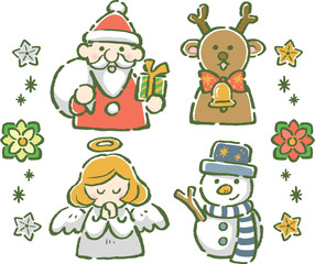 クリスマスのキャラクター（サンタ・トナカイ・天使・雪だるま）のオーナメント風イラストセット