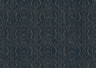 Hand-drawn unique abstract symmetrical seamless gold ornament with golden glittery splatter on a deep blue background. Paper texture. Digital artwork, A4. (pattern: p08-1c)
