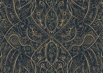 Hand-drawn unique abstract symmetrical seamless gold ornament with golden glittery splatter on a deep blue background. Paper texture. Digital artwork, A4. (pattern: p08-2a)