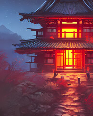 Japanese temple at night digital art illustration 