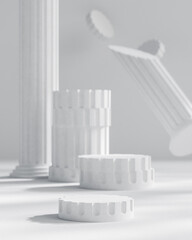 White concrete podium stage stand on midcentury pillar architecture background 3d render   