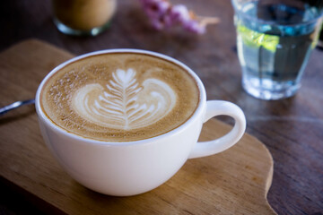 coffee aroma white cup on wood table in the morning time