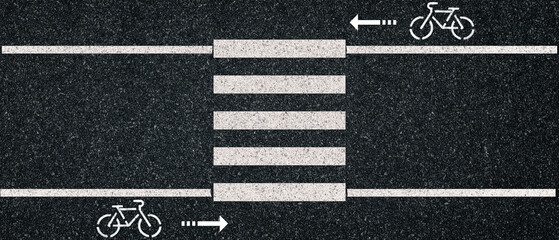 asphalt
road with crosswalk and bicycle space white  lines. Dark gray textured surface.  Banner...