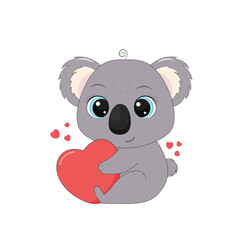 Cartoon cute koala sits and hugs a pink heart. Vector illustration for designs, prints and patterns
