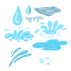 Water drops puddles splatter splash hand drawn set print background separately on white background