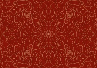 Hand-drawn unique abstract symmetrical seamless gold ornament on a bright red background. Paper texture. Digital artwork, A4. (pattern: p07-1a)