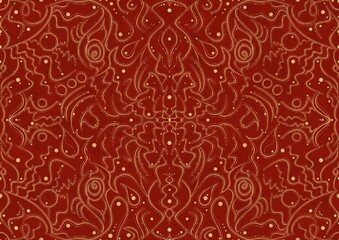 Hand-drawn unique abstract symmetrical seamless gold ornament on a bright red background. Paper texture. Digital artwork, A4. (pattern: p07-2a)