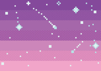 Abstract christmas snow background vector pixel art graphic game. Evening sunset with stars or sunrise, winter night sky. Colorful abstract illustration for 8 bit disappear transform effect texture